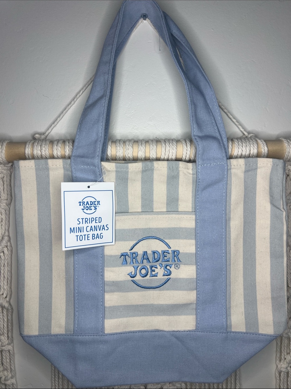 Trader Joe's Striped Canvas Tote in Light Blue & Cream